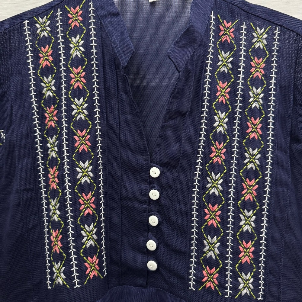 Boho Embroidered Folk Blouse Navy Peasant Top Tie Waist S M - Picture 4 of 9